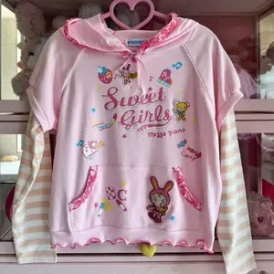 Japanese Kawaii Fake Two Pieces Cartoon Printing T-shirt Women Cute Bow Patchwork Stripe Hooded Top 2025 Harajuku Y2k Grunge Tee