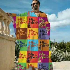 Men's V-Neck Pullover Andy Warhol Style Giraffe Print Kaftan Long Robe, Pop Art Safari Animal Graphic Lightweight Beach Cover Up, Breathable Short Sleeve Resort Lounge Sleep Shirt for Men