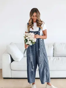 Blue Women's Casual Loose Wide Leg Ripped Denim Overalls, Perfect for Daily Wear & Travel, Stylish Comfortable Design