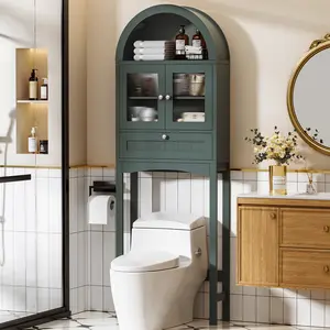 Dragosum Over-The-Toilet Storage Cabinet with Glass Door - Freestanding Bathroom Organizer Shelf, Space-Saving Arch Cabinet with Anti-Tipping Device