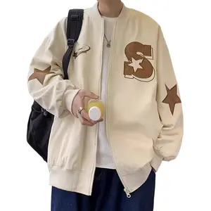 Men's Black and Brown Color-Block Jacket with Star Decoration and Letter Embroidery, Trendy Loose Layered Casual Coat