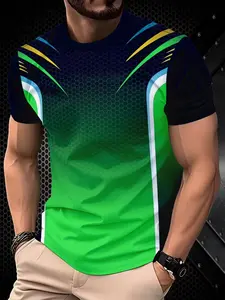 Men's Summer Short Sleeve T-Shirt, Breathable Polyester Fabric, 3D Geometric Print Pattern, Round Neck Fitted Casual Top, Durable Material, Soft Texture