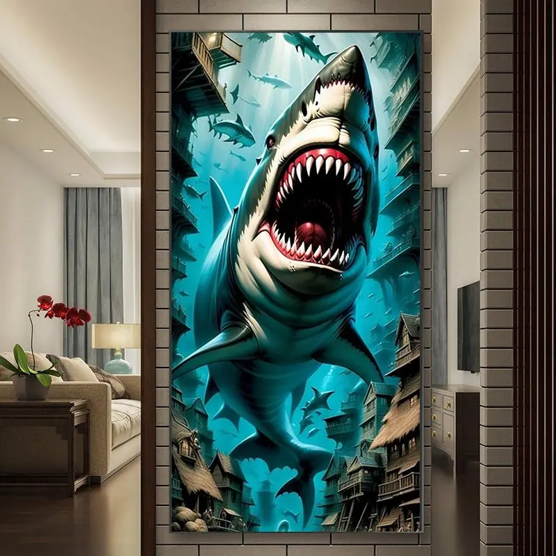 Shark Pattern DIY Diamond Arts Colorful Painting Kit without Frame, DIY 5D Diamond Arts Colorful Painting Kit, Wall Art Decor for Home Living Room Bedroom
