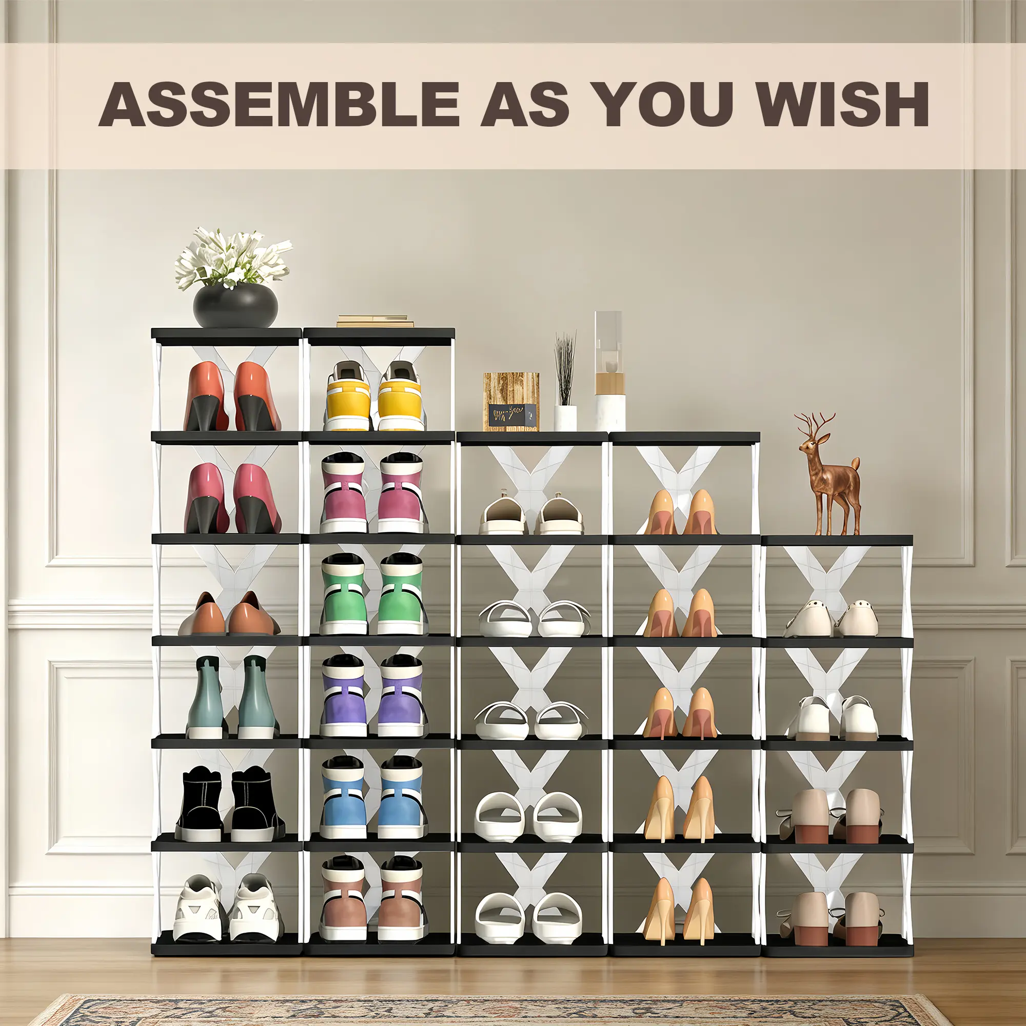 6/9-Tier Foldable Plastic Shoe Rack, Snap-on Tool-free Setup, Waterproof & Sturdy. Fold Flat ForStorage; Large Capacity for Shoes, Fits Entryway, Bedroom, Dorm & Rentals, Affordable DailyShoe Organizer.