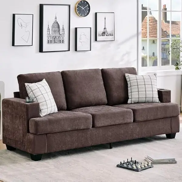 89" Modern 3-Seat Chenille Settee Sofa Couch - Deep-Seat Comfy Upholstered Living Room Furniture - Cup Holders, Side Storage Pockets, Brown