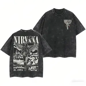 Retro Limited Nirvana Band Tour Black 2-Sided Vintage Graphic Unisex Rock Band Washed Heavyweight Cotton T-shirt, Gift for Rock Music Lovers, Vintage Band Shirts, Casual Fabric Fit Top, Streetwear Round Neck Crewneck Short Sleeve