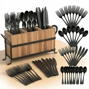 This 30-piece food-grade stainless steel cutlery set with storage rack is reusable and dishwasher safe. It includes a black fork, knife, and spoon. An elegant cutlery set.