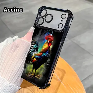 Phone Case for iPhone 17 Pro Max 16 15 Plus Air 14 13 12 11 E Vivid Rooster Majesty Pattern Electroplating Transparent Silicone Drop-proof Protective Cover