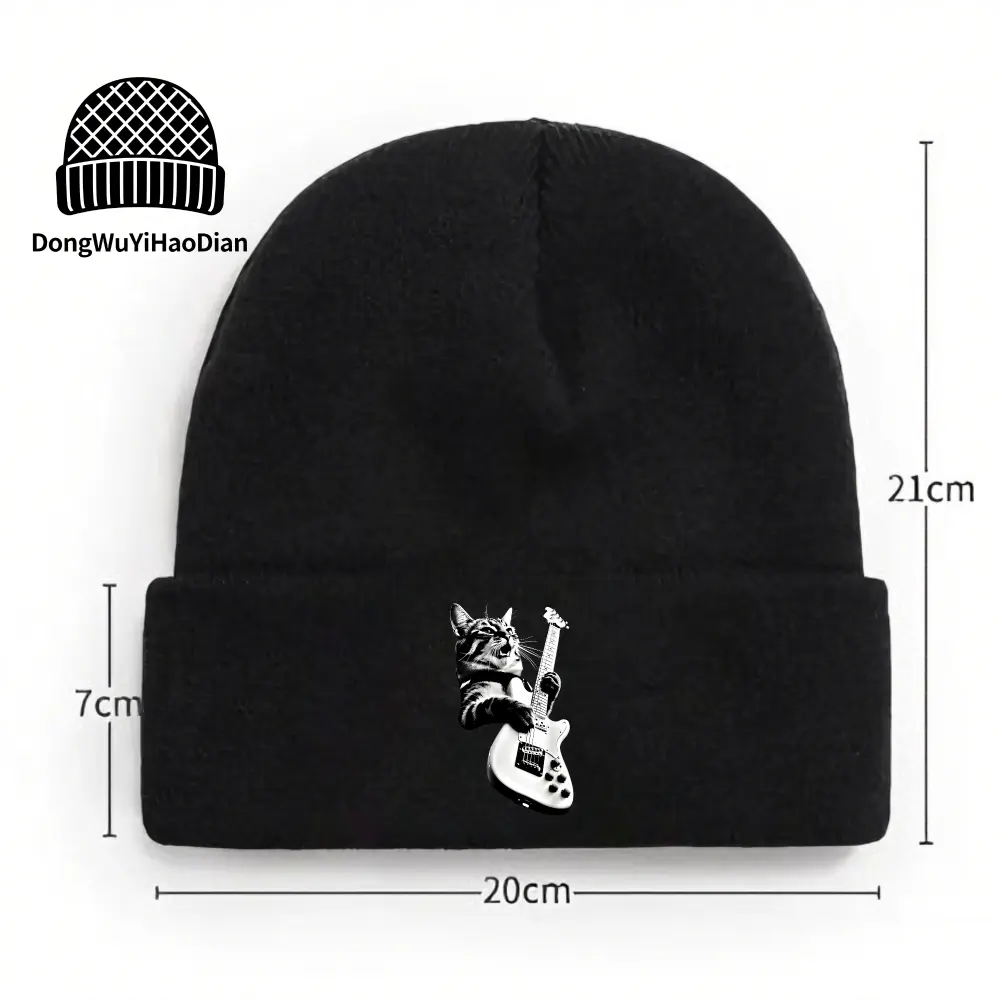 Men's Casual Guitar Cat Graphic Beanie - 300g Warm Stretch Flexible Acrylic Knit Hat, Hand Wash Only, Autumn-Winter Outdoor Wear, Ideal for Outfits, Breathable, Heat Insulating, Skin-Friendly, Unisex Fitted Everyday Hat, Warmth Boost