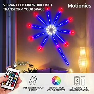 Motionics RGBIC Smart Firework LED String Light Strip, Remote Control, Adjustable RGB Lighting, Customizable Modes, Music Sync, USB Powered, Indoor/Outdoor Use