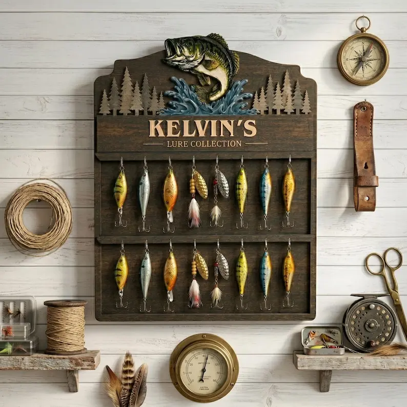 Personalized Fishing lure Collection Holder, Custom Fisherman Gift for Dad Uncle Husband, Wooden Fishing Pole Organizer, Bass Fish Wall Decor