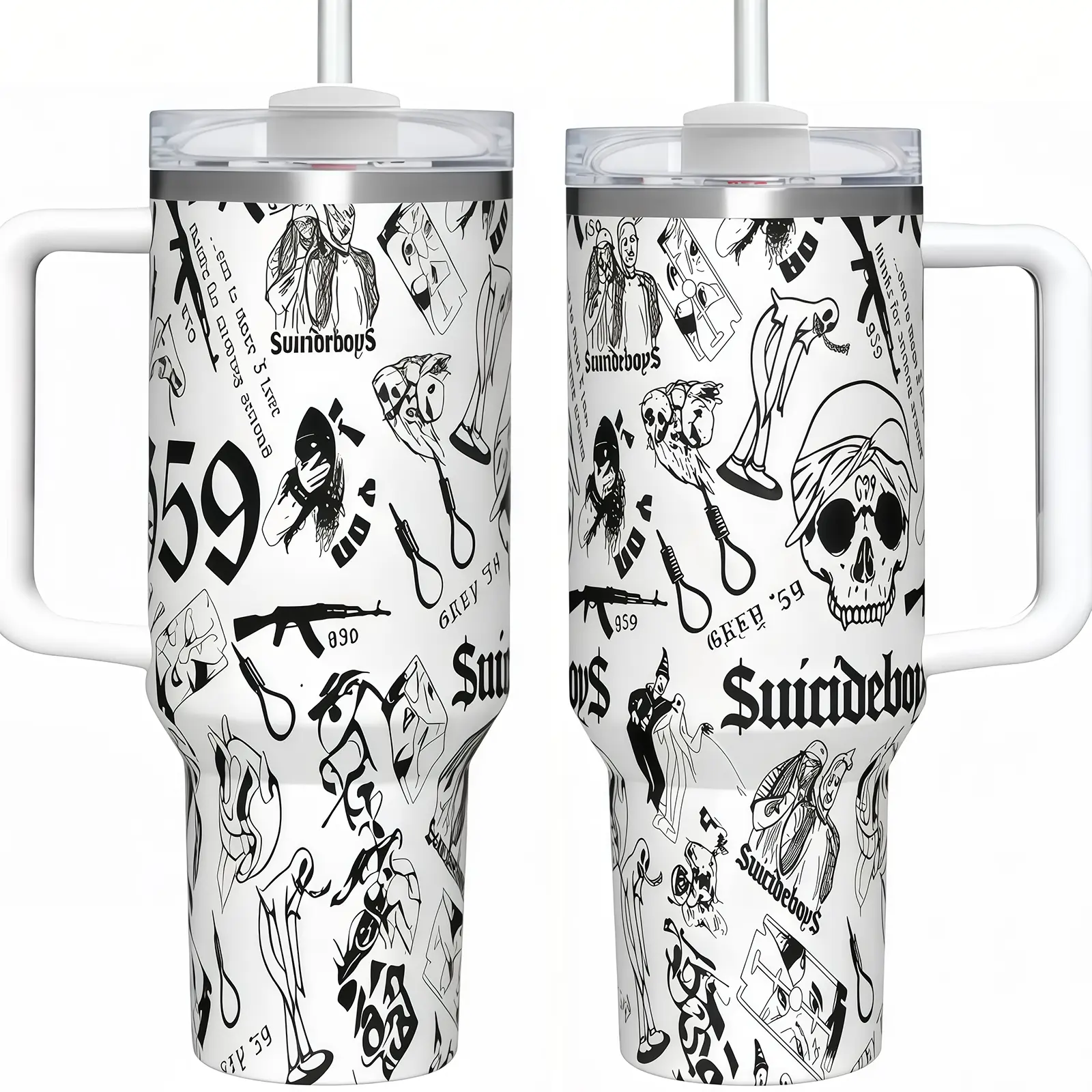 Suicide G59 Skull Aesthetic Tumbler 40oz With Handle | Underground Rap Merch Dark Trap Goth Stainless Steel Insulated Cup | Viral TikTok G59 Fan Gift Multicolor Collage Travel Mug for Music Lovers 2026