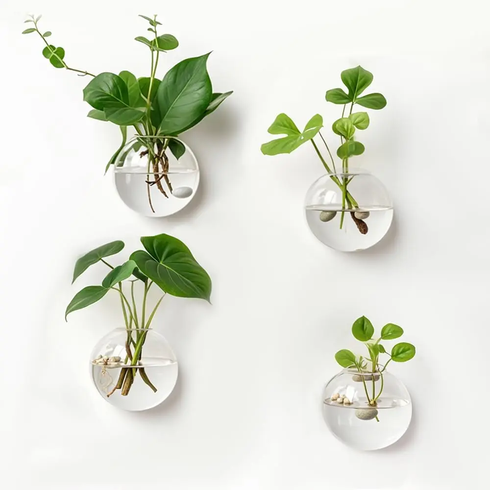 4-Pack Hanging Boron Silicon Glass Wall Vases - 4.7" Round Globe Succulent Planter, Easy Installation Indoor Plant Propagation Station, Enhances Home or Office Aesthetics