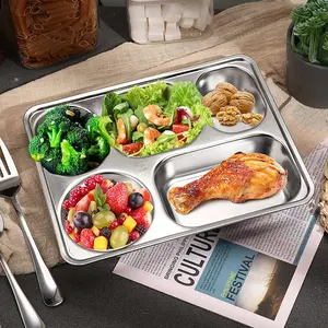4-Piece Set Stainless Steel Rectangular Divided Plates, Five-Part Meal Plate, BPA-Free Dishwasher Safe, Leakproof Design
