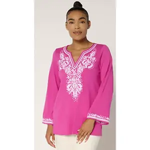 Women's Kim Gravel Sangria Embroidered Slub Knit Santorini Tunic Top - Long-Sleeve, Modal-Cotton Fabric, Straight Fit, Machine Washable, Tumble Dry Knitwear