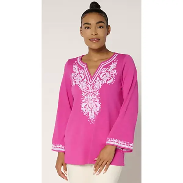 Women's Kim Gravel Sangria Embroidered Slub Knit Santorini Tunic Top - Long-Sleeve, Modal-Cotton Fabric, Straight Fit, Machine Washable, Tumble Dry Knitwear