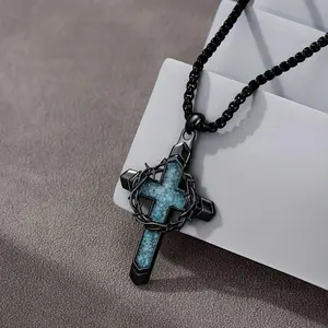 1Pcs Turquoise Cross Necklace, Thorny Wreath Cross Pendant Religious Jewelry for Men and Women