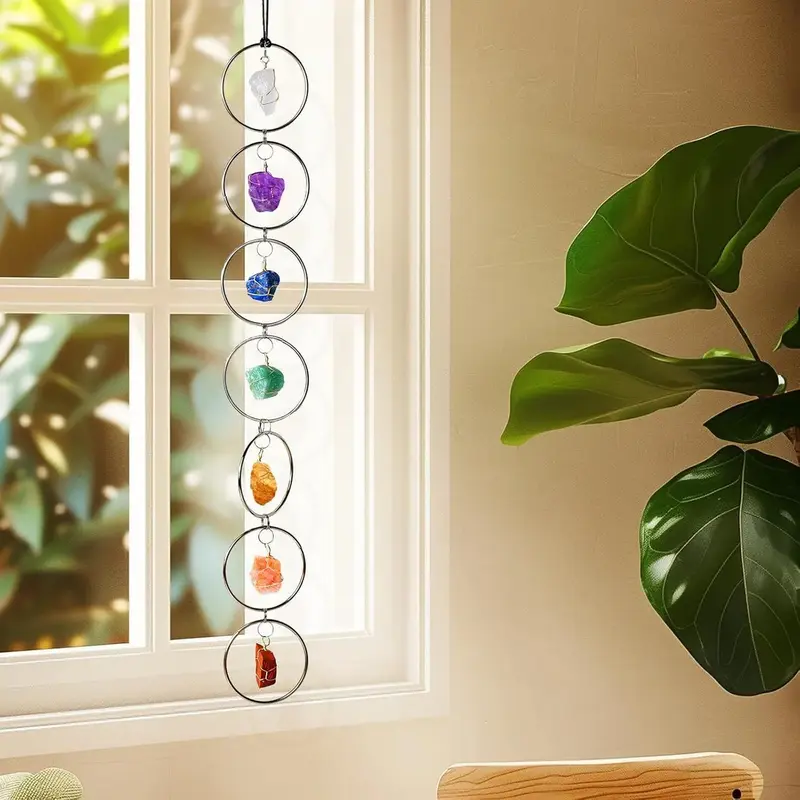 Natural 7 Chakra Stones Raw Crystal Gemstone Hanging Ornament, Tree Of Life Wall Hanger, Tumbled Gemstones Meditation Ornament, Amethyst Crystal