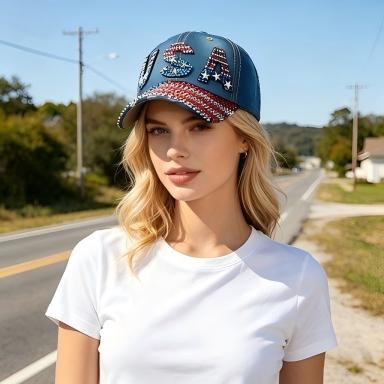 USA Bling Rhinestone Denim Baseball Cap - Patriotic Sparkle Sun Hat