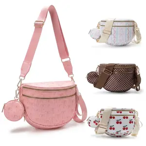 Chic Pink Bows & Cherry Print Crescent Crossbody Bag | Trendy Aesthetic Sling Bag with Detachable Coin Pouch | Adjustable Wide Strap Shoulder Bag for Travel & Festivals