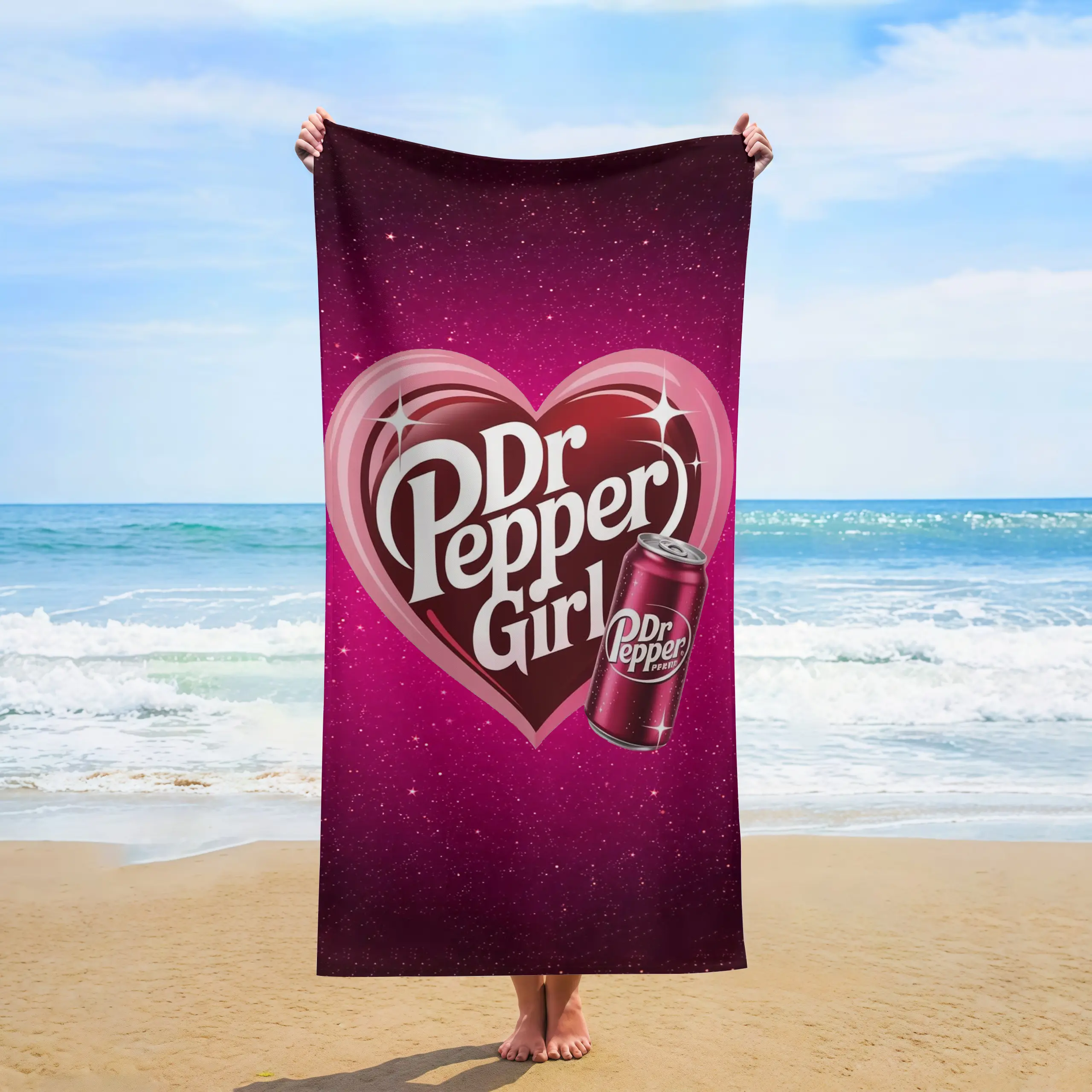 Women's Glitter Starry Dr Pepper Themed Bath & Hand Towel, Sparkle Pink Soda Lover Quick-Dry Towel, Summer Gift for Beach Use