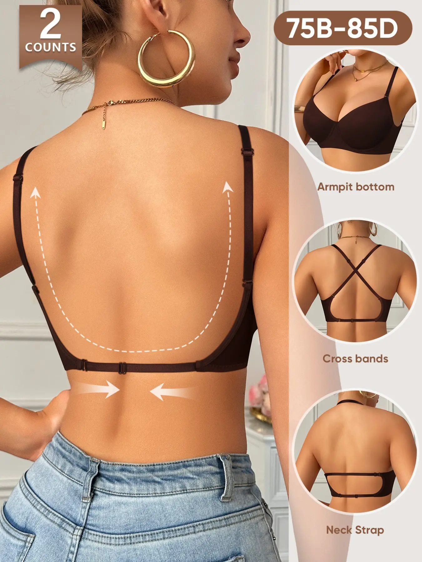 Morelect Women's Daily Bra Set, Adjustable Unlined Bras, Casual, Adjustable Straps, Backless Design, Invisible Thin Straps, Push-Up Comfortable, Sizes 75b-85b