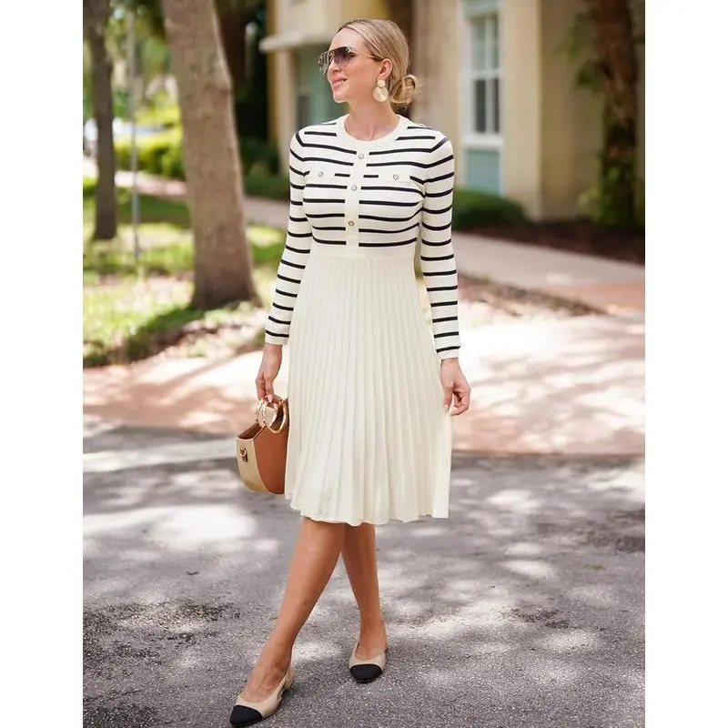 ZESICA Knit Sweater Dress for Women – Striped Long Sleeve Ribbed Midi A-Line Swing with Buttons, Casual Fall Winter Fashion