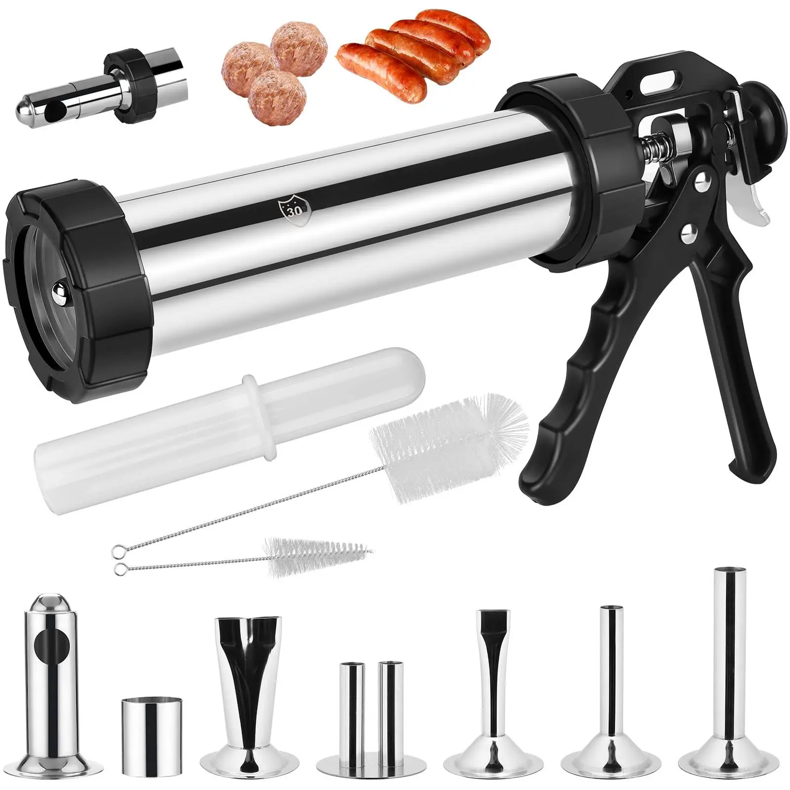 Jerky Kits  Maker Meatball 2.5 Lb Stainless Steel Sausage Stuffer Making With 6 Nozzles 2 Cleaning Brushes 1 Stomper
