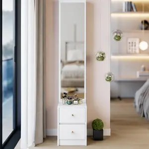 ARCH White MDF Small Makeup Vanity Dressing Table with Full Body Mirror, Storage & Jewelry Organizer, 48" Tall Cosmetic Cabinet for Bedroom, 11.8"D x 15.7"W x 63"H, Single Box, American Design Style, Small Makeup Vanities