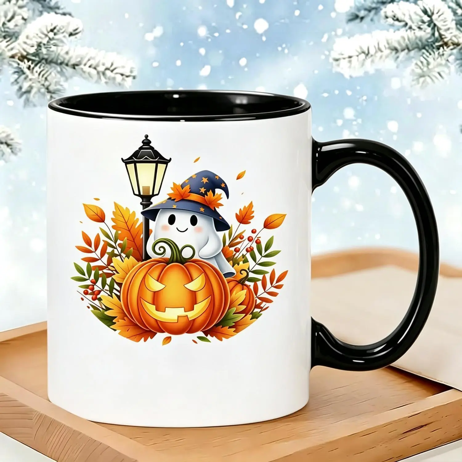 Pastel Watercolor Jack-O'-Lantern Mug with Cute & Autumn Leaf Berry Print - Rim Suitable for Halloween Fall Seasonal Drinkware Ceramic Cup for Gifts