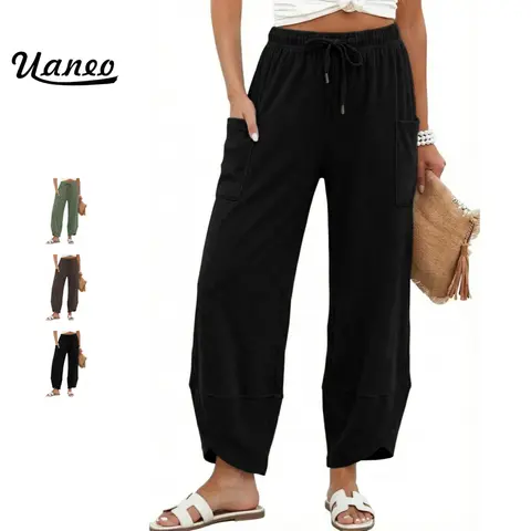 UANEO Womens Wide Leg Sweatpants Drawstring Elastic Waist Harem Pants | High Rise, Women's Lounge Sweatpants with Side Pockets, Solid Color Barrel Palazzo Pants, for Spring, Summer, Fall and Winter