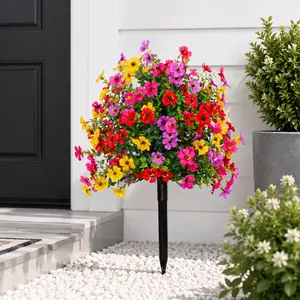 Outdoor/Indoor UV-Resistant & Waterproof Artificial Flower Decor — Artificial Flower Bouquets with Ground Stakes, Ideal for Porches, Patios, Gardens, and Home Courtyards — Realistic Faux Plastic Flowers with Ground Inserts