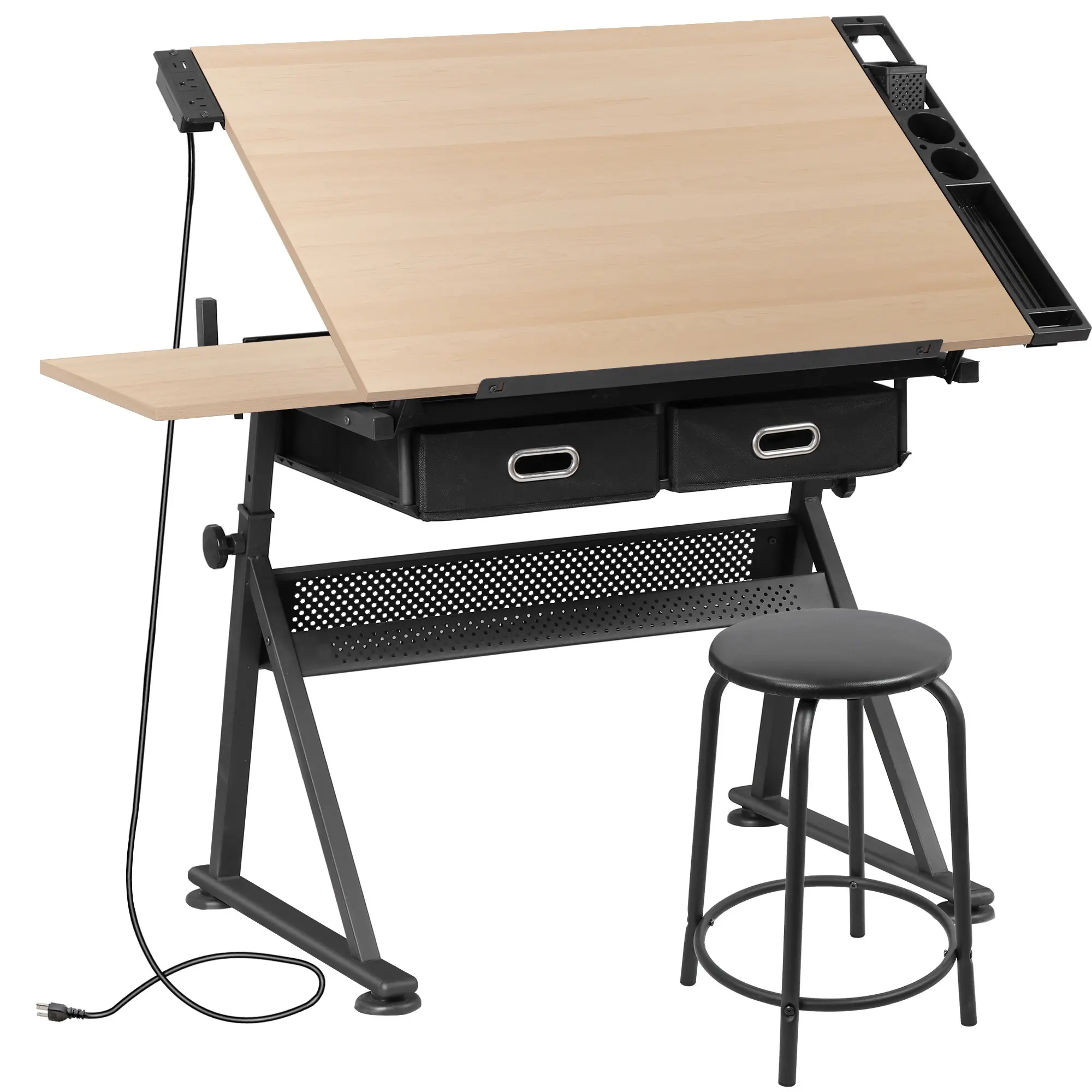 ZENY Heavy-Duty MDF & Metal Adjustable Drafting Table with Setup, Power Outlet, Stool, Tiltable Slide-Out Tabletop, Sliding Drawer Storage – Beige Home Office Furniture for Writing, Crafting, Heavy-Duty Drafting Tables, Desk-Included Drafting Tables, Ergo