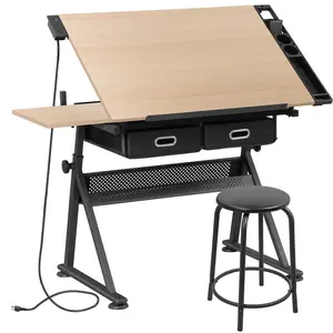 ZENY Wood Adjustable Drafting Table W/ Power Outlet & Stool, Tiltable Slide-Out Tabletop Drawing Desk for Home Office Writing Crafting, Beige, Sliding Drawer Storage, Tilting Top Surface