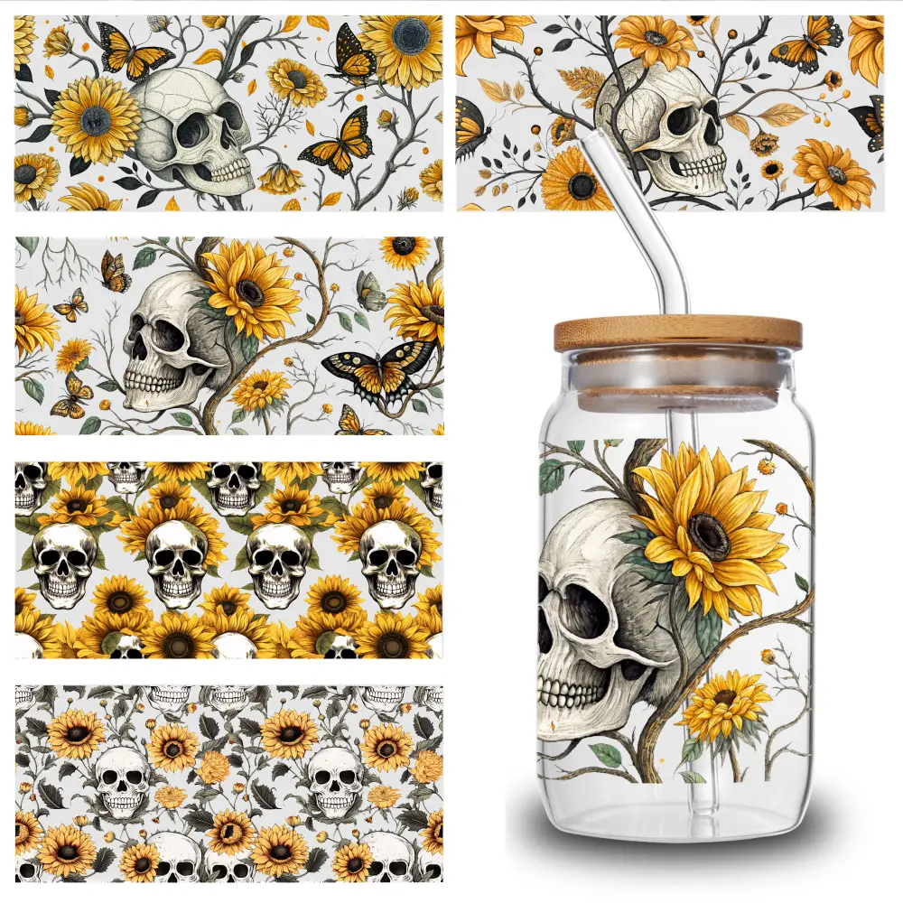 5 Sheets Skull Sunflower UV DTF Stickers Mug Decoration Gift UV DTF Stickers Glass DTF Transfer Stickers Suitable for 16 oz Glass Plastic Self-Adhesive Labels side  eyes  sticker