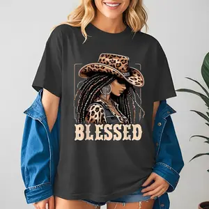 Blessed Cowgirl Graphic T-Shirt, Leopard Print Afro Western Tee, Christian Black Girl Shirt, Rodeo Country Style Top Full Size