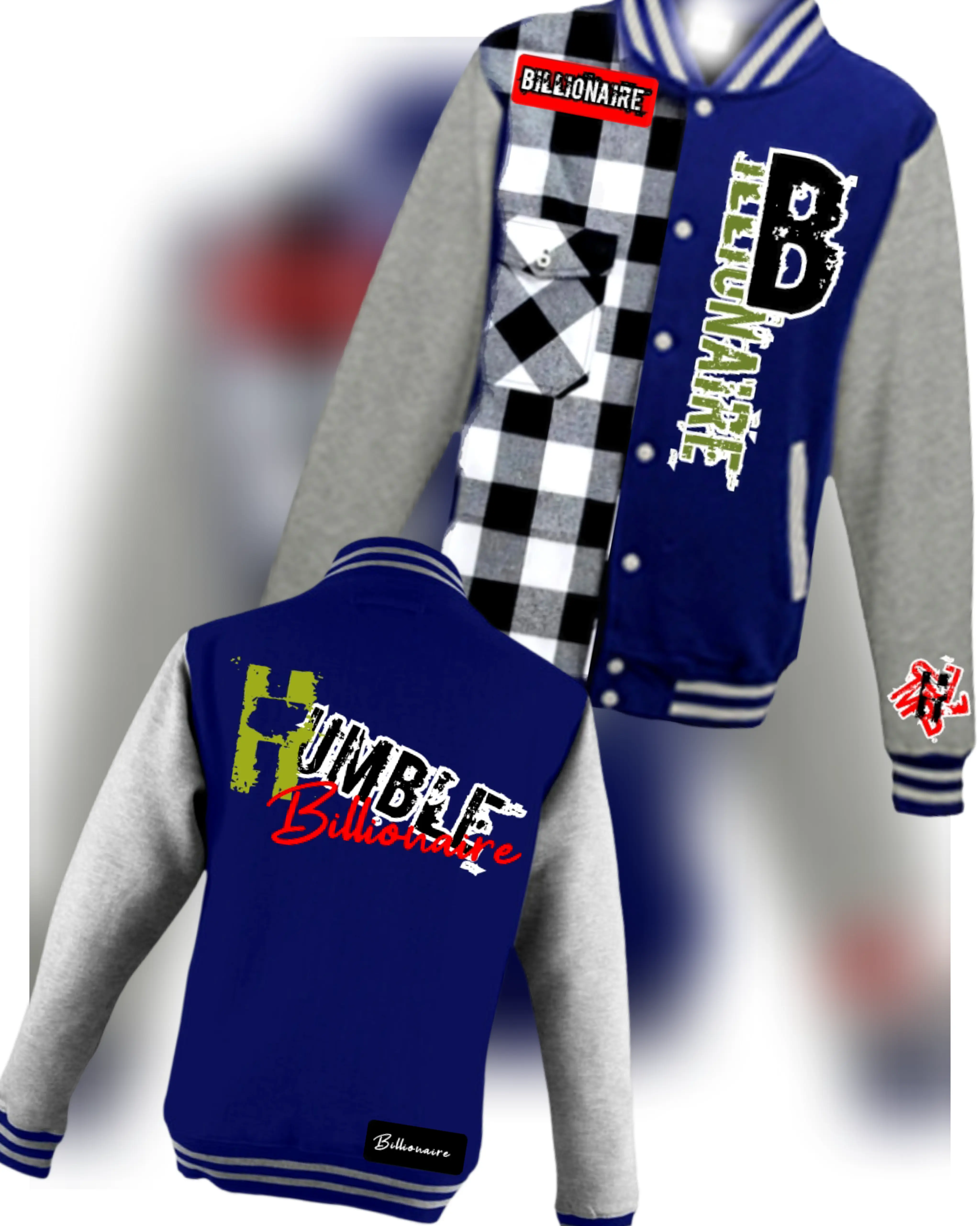 Humble Billionaire Varsity Jacket - Black & White Plaid Design with Logo Patch & Button Front Closure for Medium Size Classic Casual Cotton Menswear Stylish Coats