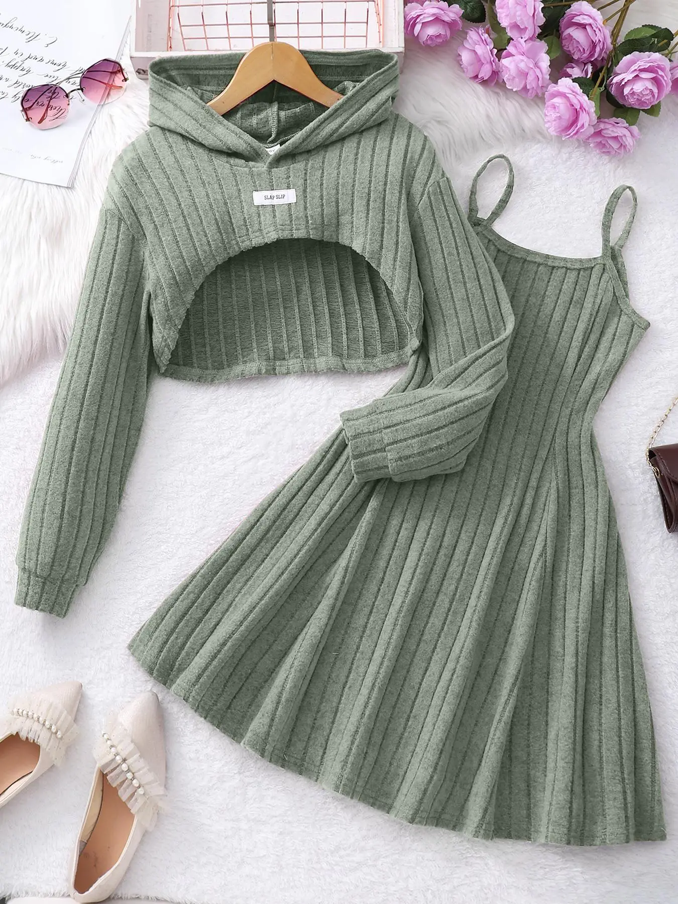 Girl's Solid Ribbed Crop Hoodie & Cami Dress Two-piece Set, Casual Fashion Cozy Two Piece Set for Daily Outdoor Wear, Girls Clothing for Spring & Fall