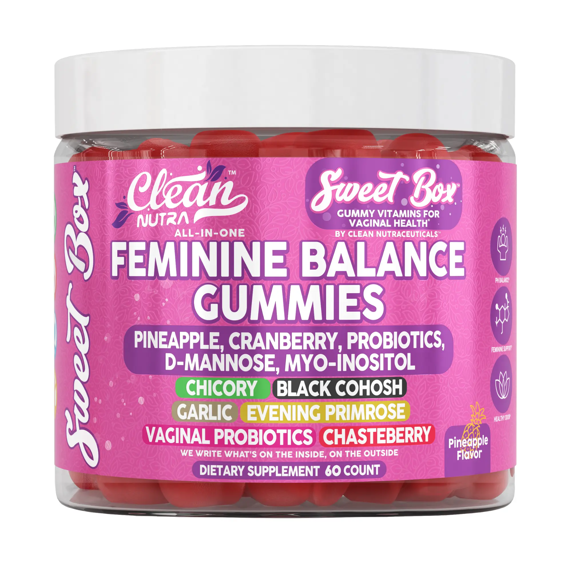 Clean Nutra Pineapple, Cranberry, D-Mannose, Myo-Inositol Probiotics Hormone & Urinary Tract Support for Women's Wellness - Sweet Box Clean Nutra Pineapple, Cranberry, D-Mannose, Myo-Inositol Probiotics Hormone & Urinary Tract Support for Women's Wellness - Sweet Box