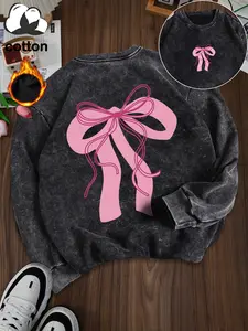 Women's Casual Vintage Wash Cotton Pullover Sweatshirt, Round Neck Long Sleeve Fleece Lined Hoodie for Fall Winter Fashion