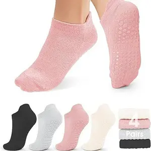 4 Pairs Pilates Socks for Women - Non Slip Grip Socks for Yoga, Barre, Hospital, Barefoot