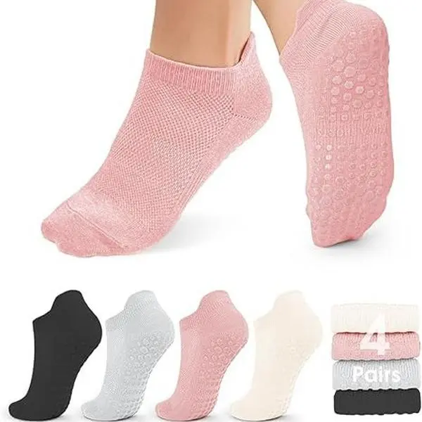 Women's Minimalist Low Cut Grip Socks, 4-Pair Pack of Soft Comfy Socks with Non-Slip Grips for Yoga, Barre & Pilates, Cozy Feet, Comfy Low Cut Socks