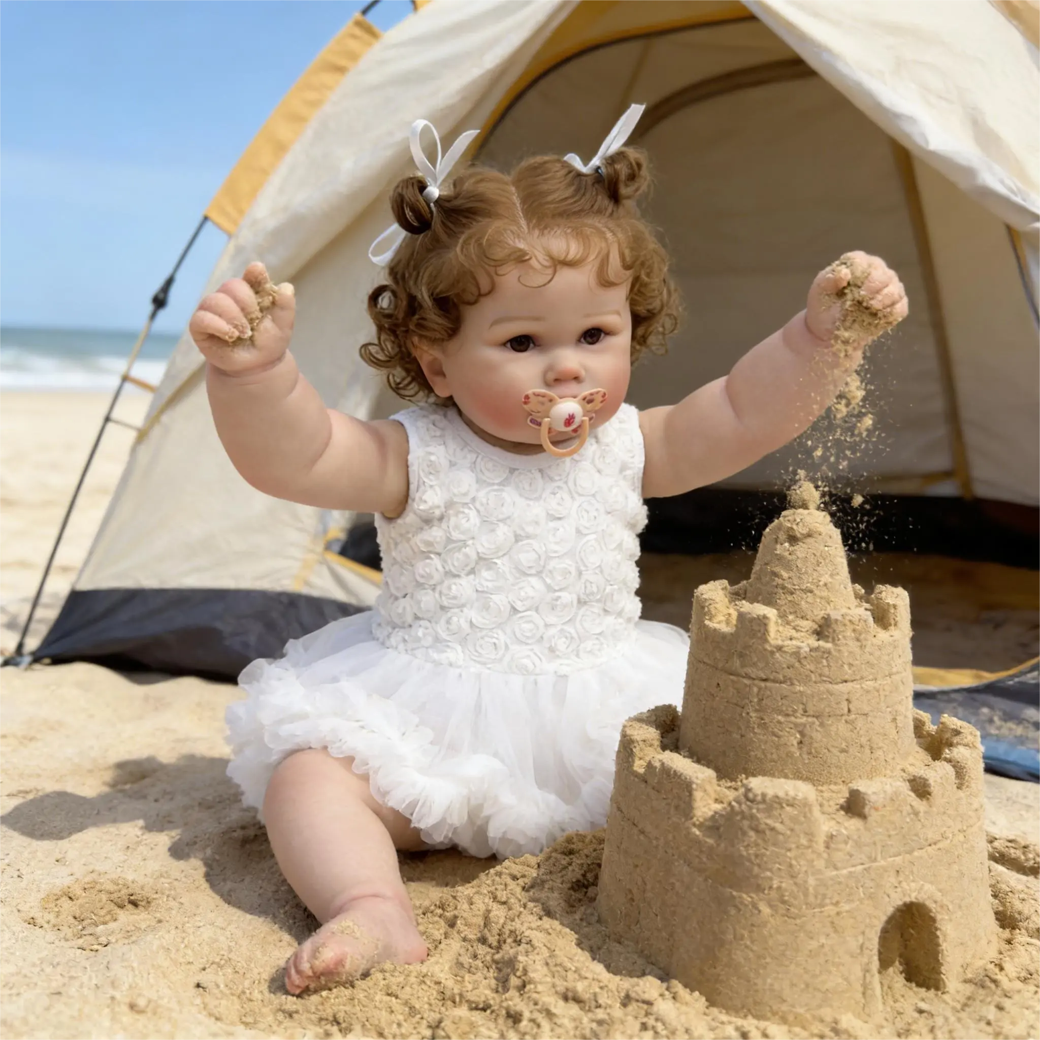 Unisex 20-in Soft Dolls, Reborn Baby Doll with Ultra-Soft Cloth Body, Rooted Brown Curly Hair, Hand-Painted Features, Collectible Toy Gift for Kids Age 3+