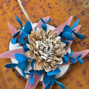 Wood Flower Ornament with Navy and Copper for Christmas Tree - Elegant Home Decor Essential on Pine Wooden Disk - 3 1/2" Diameter - Hangable Decoration
