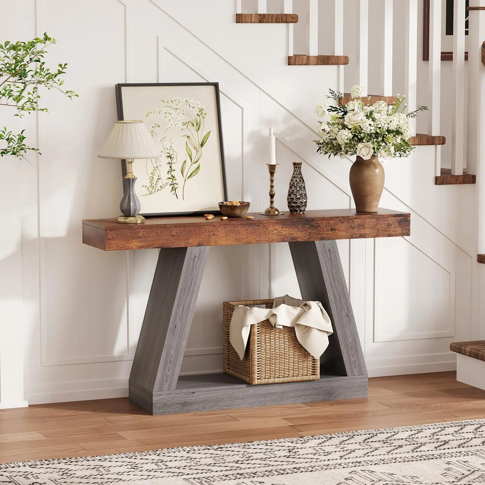 Garvee 55 Inch Farmhouse Rustic Console Table with Trapezoid Wood Frame, Featuring 2-Tier Narrow Design and Open Storage Shelves, Perfect for Entryway, Living Room, Hallway, or Foyer in Brown Finish