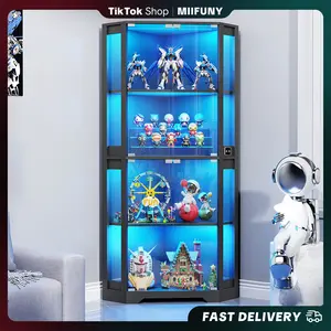 MIIFUNY Corner Display Cabinet with Glass Doors, 65" Lighted Curio Cabinet with 3 Color Lights for Collectibles, Toys, 4-Tier Showcase Display Case with Human Body Sensor for Living Room, Black