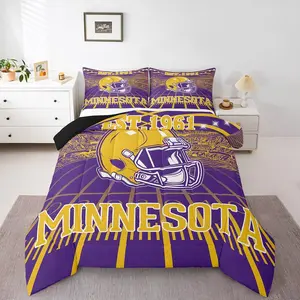 Football City Bed Set,Rugby Football Team Color Bedding,3D Sports Fan Gifts Comforter Set,Purple and Yellow Rugby Helmet Duvet Insert(Minnesota)