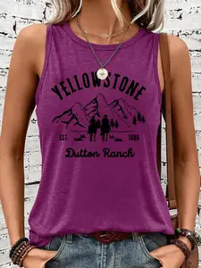 Women's Yellowstone National Park Print Round Neck Tank Top, Casual Lightweight Sleeveless Graphic Top for Summer, Ladies Clothes for Daily Wear, Socks