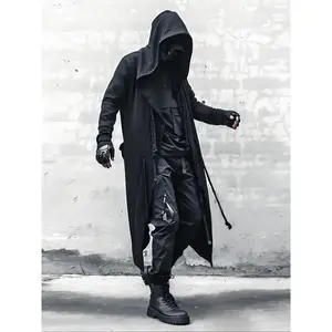 Men's Hooded Cape Coat Cyberpunk Street Street Casual Style Open Front Jacket with Rope Decoration, for Daily and Holiday Wear Halloween Eid Role-playing