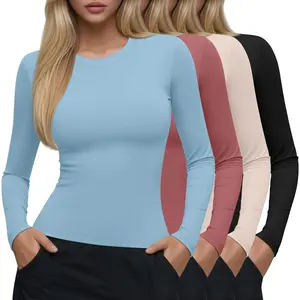 4 Pcs Womens Long Sleeve Compression Shirts Crew Neck Yoga Workout Shirts Lightweight Stretchy Breathable Tees